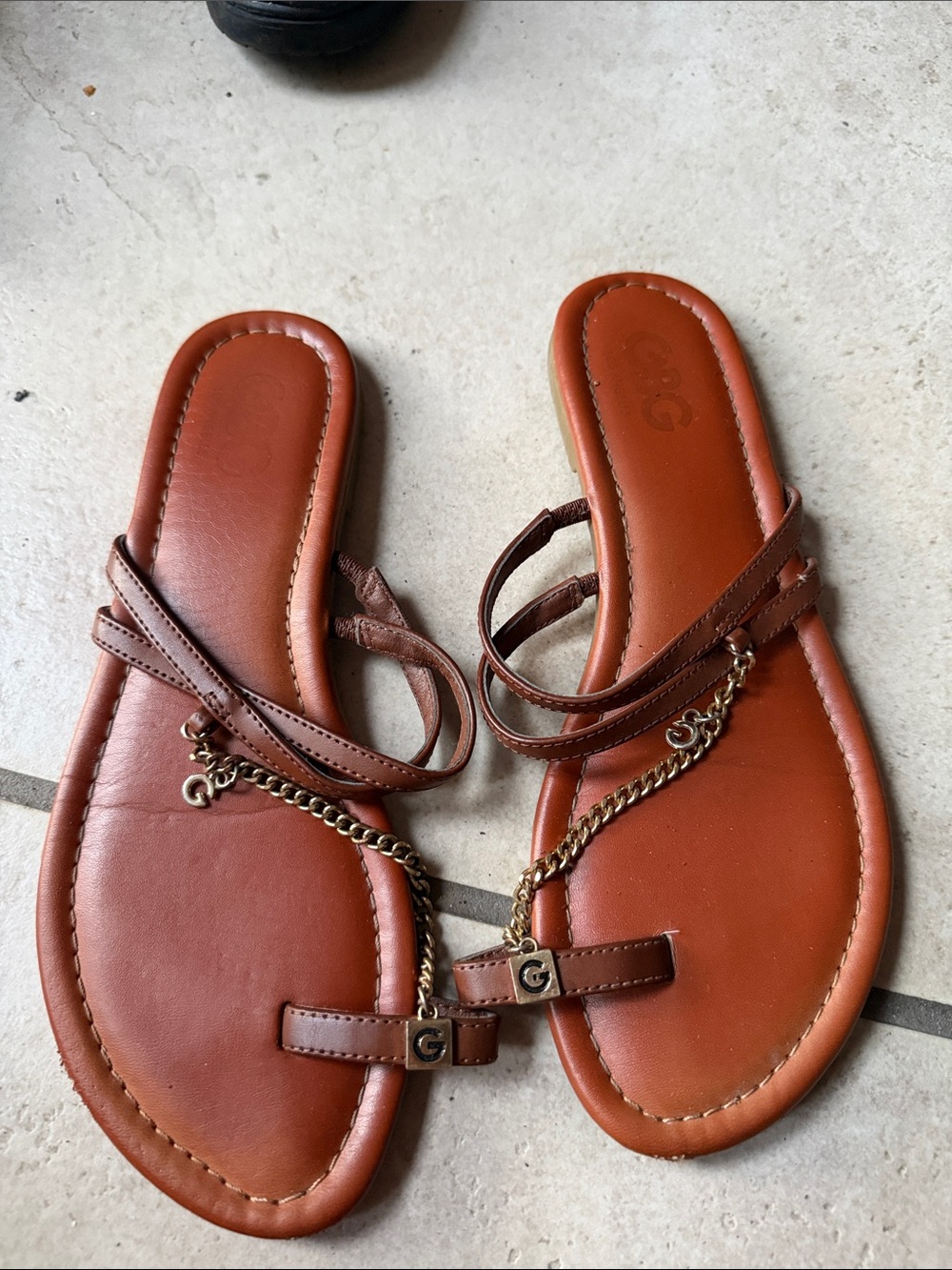 Guess Brown Leather Chain-Strap Sandals